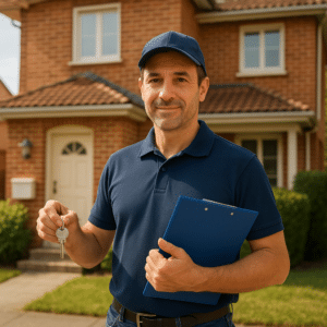 Homme souriant en uniforme bleu tenant un trousseau de clés et un clipboard, debout devant une maison en briques.