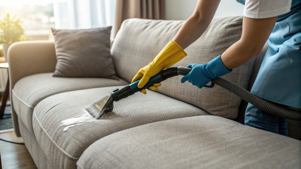Professionnel portant des gants jaunes et bleus nettoie en profondeur un canapé en tissu beige avec un appareil d'extraction.