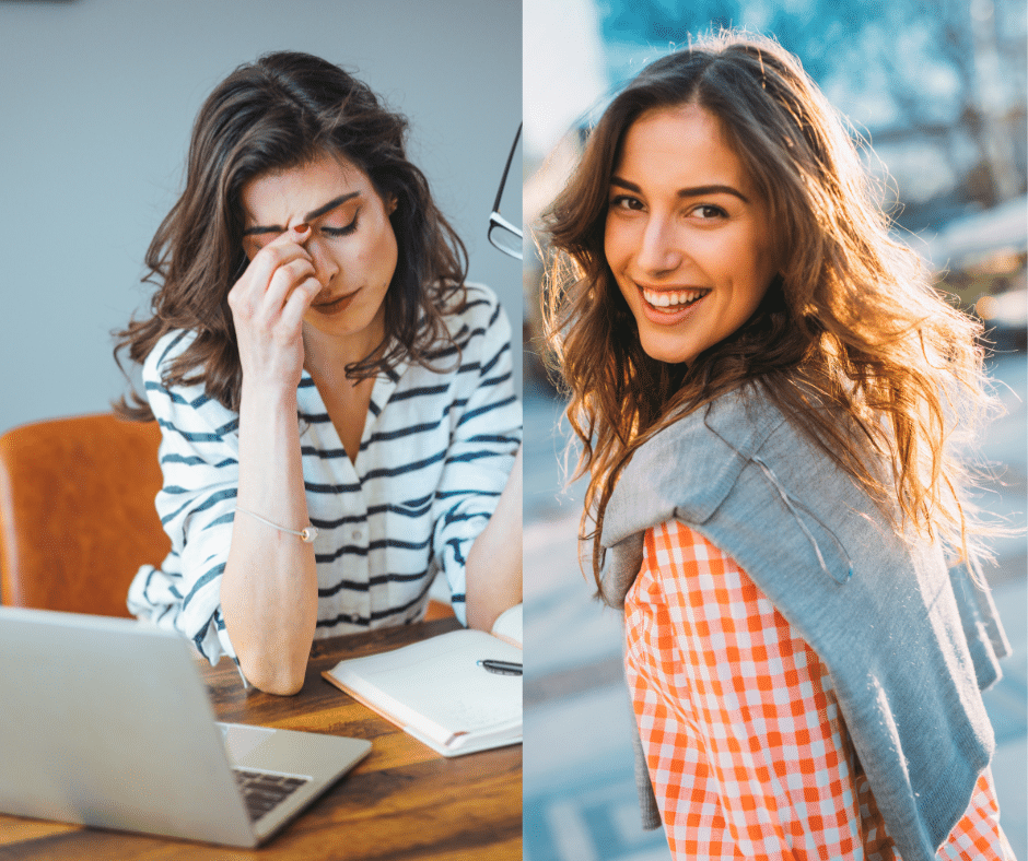Comparaison entre femme stressée au bureau avec un ordinateur et femme heureuse et souriante à l'extérieur.