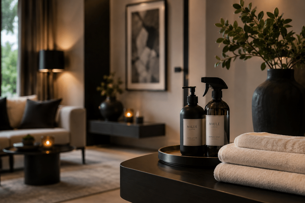 MILLE LONDON : Produits de soin haut de gamme pour la maison Produits MILLE LONDON, lotion et spray sur plateau avec serviettes blanches dans un salon chic.